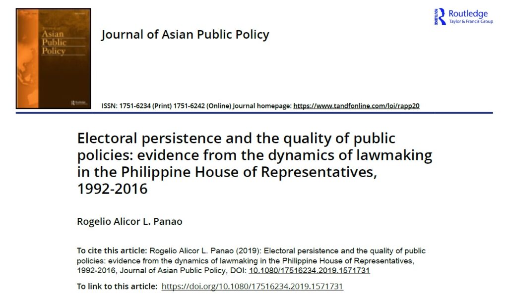 Electoral persistence and the quality of public policies evidence from the dynamics of lawmaking in the Philippine House of Representatives, 1992-2016 (2019)
