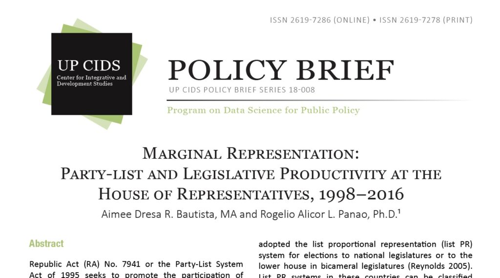 Marginal Representation Party-list and Legislative Productivity at the House of Representatives 1998–2016 (2019)