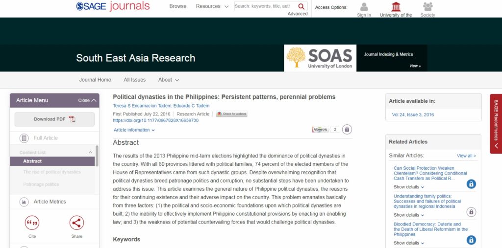 Political Dynasties in the Philippines: Persistent Patterns, Perennial Problems (2016)